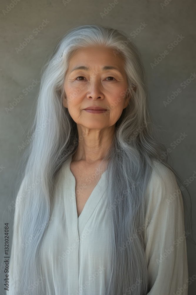 A serene studio portrait of an older woman with long, silver hair flowing naturally. A serene studio portrait of an older woman with long, silver hair flowing naturally.