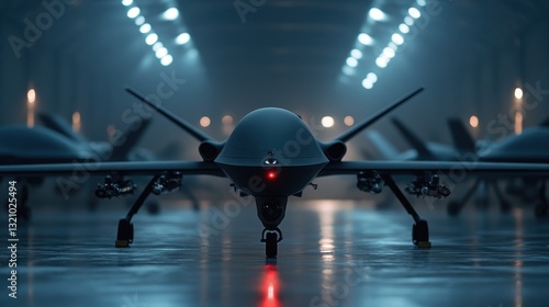 This image showcases a sleek military drone positioned in a dimly lit hangar, highlighting its advanced design and technology meant for modern aerial surveillance operations.