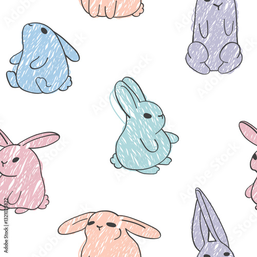 Cute seamless pattern with bunnies. Bright rabbits on a white background. Vector illustration in simple childish hand drawn style.