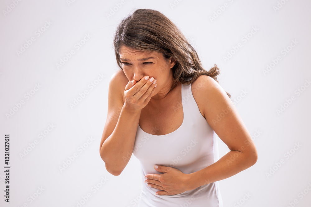 Portrait of adult woman who is having nausea. Portrait of adult woman who is having nausea.