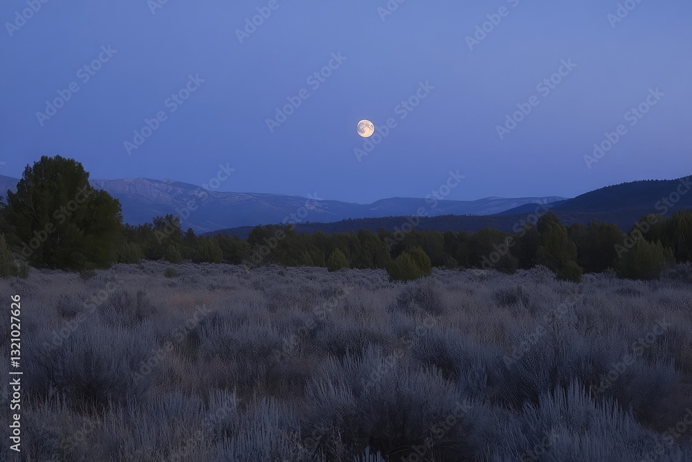Serene twilight landscape with a full moon rising over a field of sagebrush and distant mountains. The cool blue tones create a peaceful and tranquil atmosphere. Serene twilight landscape with a full moon rising over a field of sagebrush and distant mountains. The cool blue tones create a peaceful and tranquil atmosphere.