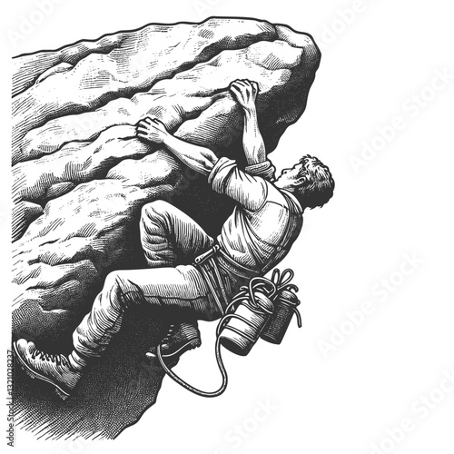 muscular man alpinist rock climbing on a steep cliff, gripping rugged rocks with determination and strength sketch engraving generative ai vector illustration. Scratch board. Black and white image.