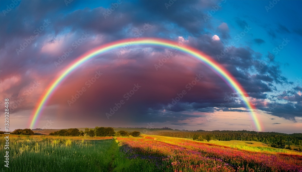 Naklejka premium A surreal and uplifting scene featuring vibrant colors beautifully painted across the sky, creating an atmosphere of pure joy and wonder. Whimsical and inspiring