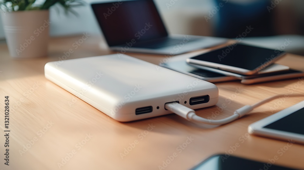 Portable charger on a desk with multiple devices Portable charger on a desk with multiple devices