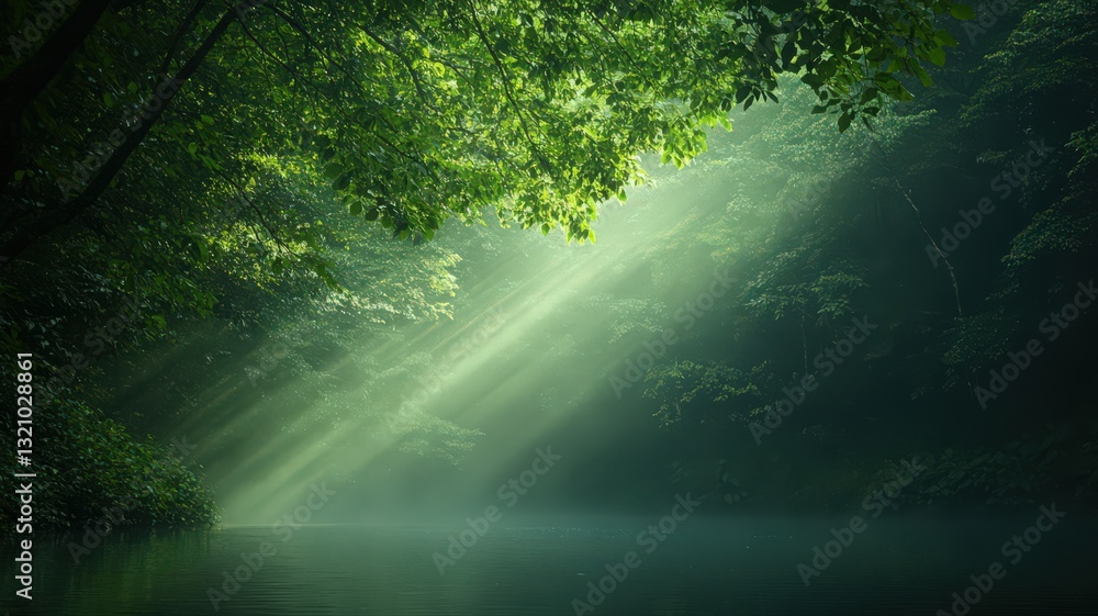 Obraz premium Sunbeams Through Lush Green Forest Canopy Over Calm Water