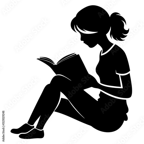 Silhouette of a girl reading a book while seated.
