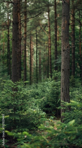 Lush forest interior, tall pine trees, dense undergrowth, sunlight filtering through canopy