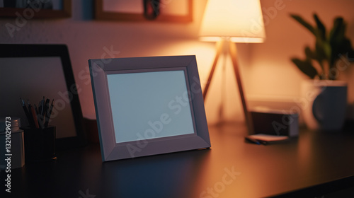 Minimalist white photo frame on a modern desk with warm ambient lighting