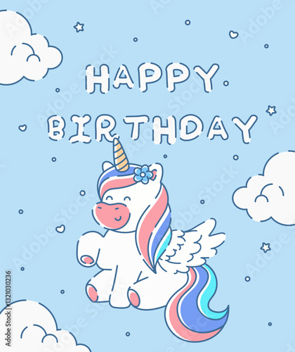 Cute Unicorn Birthday Invitation. Happy Birthday Card