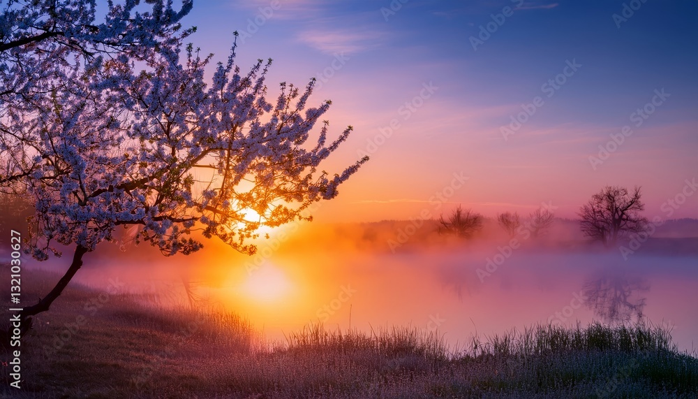 Fototapeta premium serene spring landscape with a blooming tree and a reflection on a lake