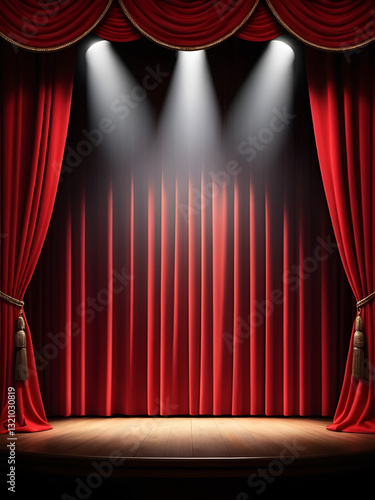 Empty stage with red velvet curtains with spotlight