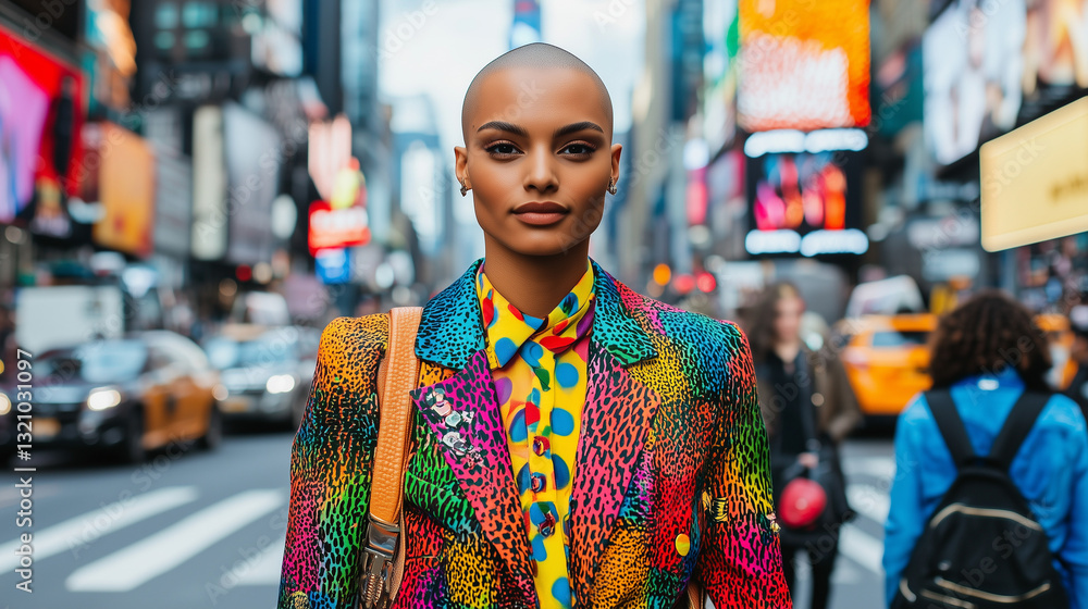 Fototapeta premium a confident individual with a shaved head walks through the city streets, wearing a striking multicolored blazer with bold geometric patterns. their poised expression and oversized sunglasses create a
