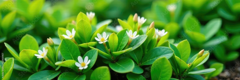 Fototapeta premium Compact shrub with small white flowers and green foliage, foliage, low growth