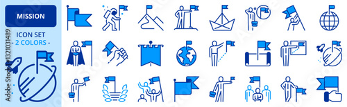 Icons in two colors about mission. Business concepts
