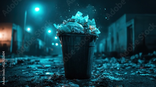 A full trash bin stands amidst a sea of garbage in a darkened urban street, with a melancholic ambiance showcasing the pressing issue of waste in city life. photo