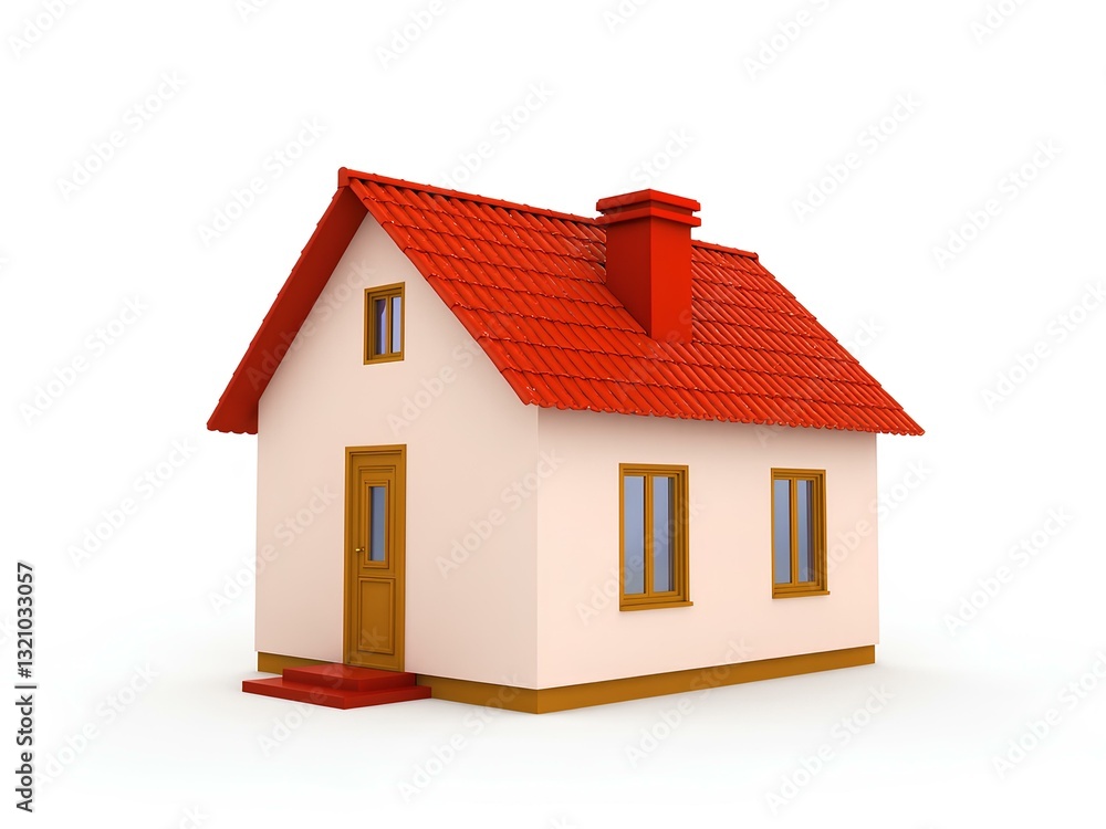 Bright and colorful 3D render of cartoon house with red roof with simple geometric shapes on white background for design and illustration. Bright and colorful 3D render of cartoon house with red roof with simple geometric shapes on white background for design and illustration.