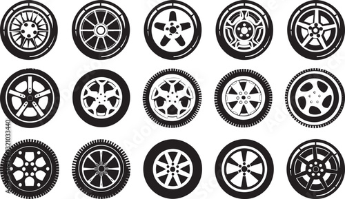 Car Wheels Vector Set, Black and White Illustration