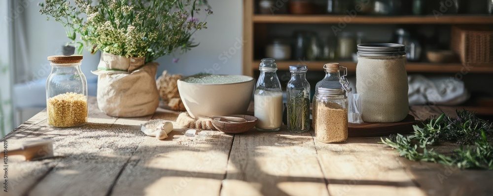 Fototapeta premium Rustic kitchen table with herbs, grains, and jars in sunlit setting