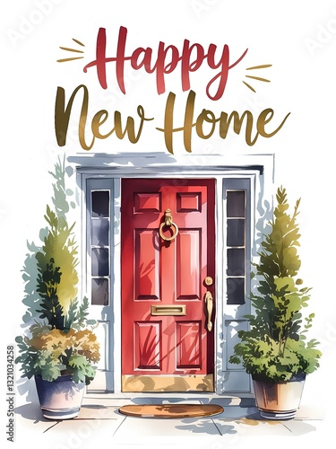 A watercolor illustration of a house facade with a red front door surrounded by green potted plants with the words “Happy New Home” creates a warm housewarming atmosphere. 