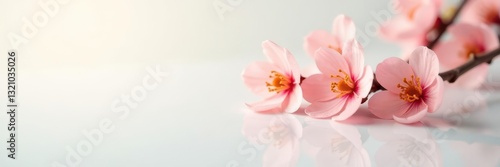 Delicate peach blossoms reflected in pristine white surface, peach blossoms, spring