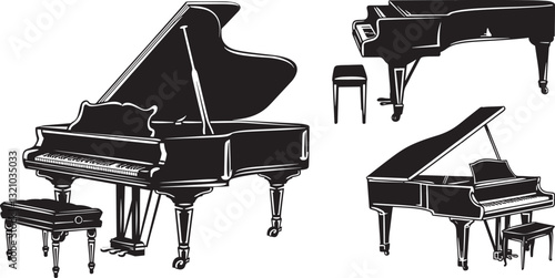 Grand Piano Vector Illustrations Set, Isolated on White Background