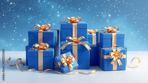 illustration of blue gifts with golden bows and ribbons placed on blue background near stars