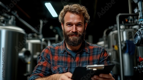 A cheerful man with a beard smiles genuinely while holding a clipboard in a well-lit brewery, representing enjoyment and involvement in the craft of brewing. photo