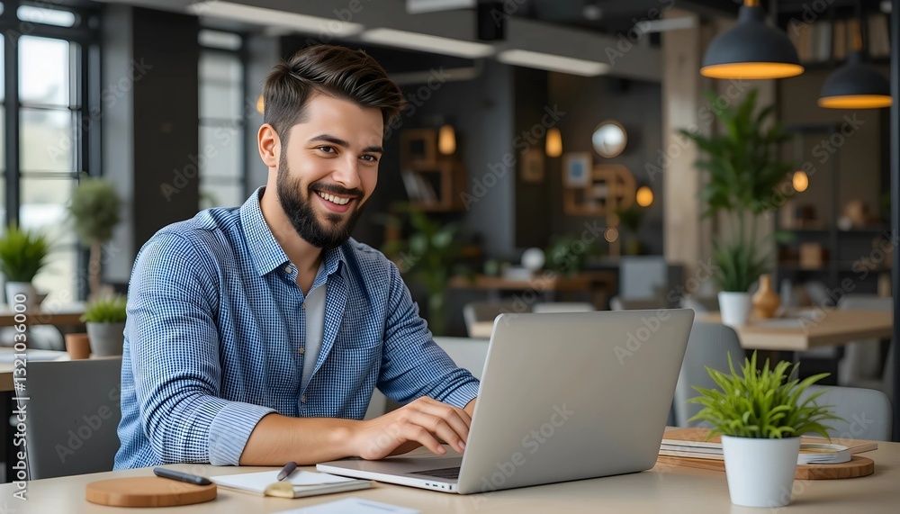 Smiling Professional Man Working on Laptop in a Modern Office Smiling Professional Man Working on Laptop in a Modern Office