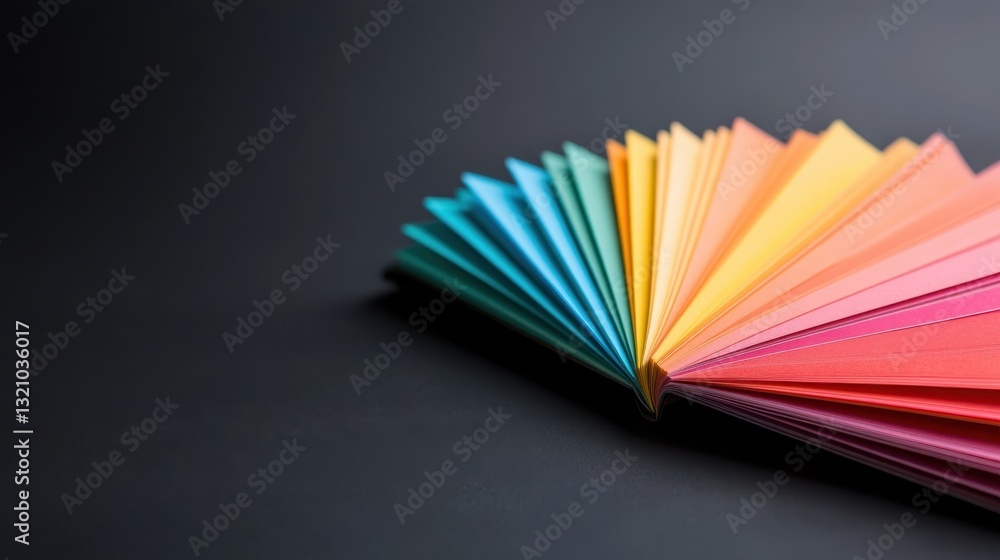 Obraz premium An artistic representation featuring a variety of colorful papers fanned out on a sleek dark surface, embodying creativity, organization, and the beauty of simple materials.