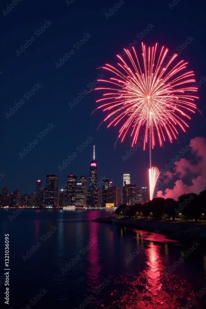 New Year's Eve fireworks display over city skyline at midnight, city, night