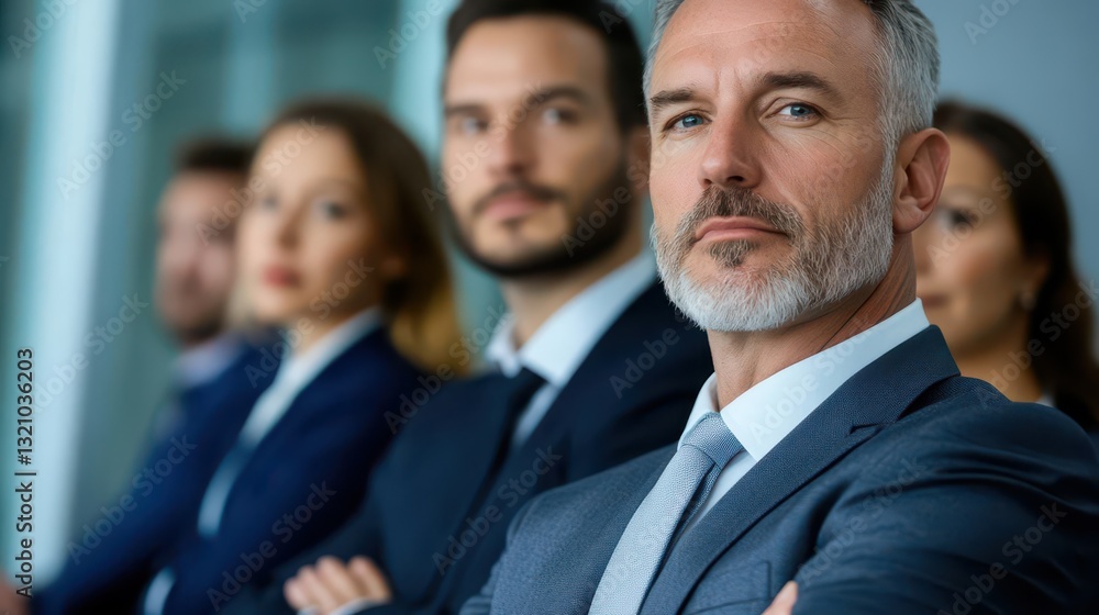 Confident businessman in a stylish suit standing with arms crossed in a professional and assertive stance Confident businessman in a stylish suit standing with arms crossed in a professional and assertive stance