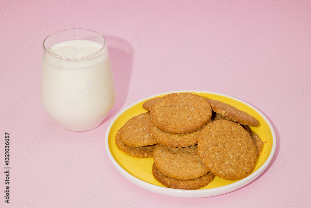 Whole wheat oatmeal cookies on a yellow plate with a glass of milk next to it on a pastel pink background, cookies made from wheat flour mixed with oat cereal, traditional in baking Whole wheat oatmeal cookies on a yellow plate with a glass of milk next to it on a pastel pink background, cookies made from wheat flour mixed with oat cereal, traditional in baking