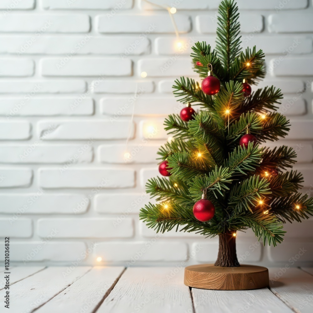 Fototapeta premium Ornate tree, twinkling lights, white brick backdrop, decor, backdrop