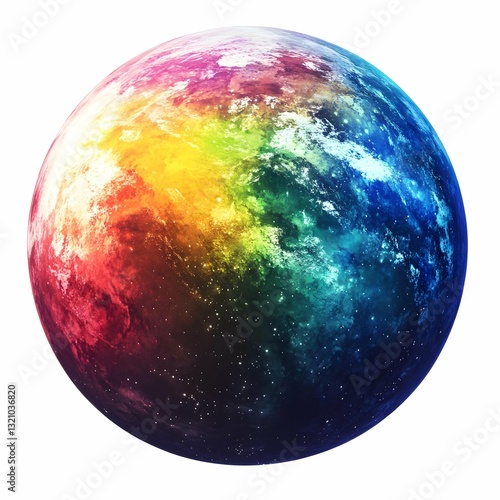 depicting a spherical form, reminiscent of a planet, against a pure white background. The sphere is filled with a vibrant and dynamic array of colors, creating a sense of swirling energy and movement.