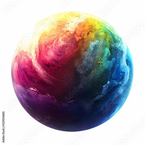 depicting a spherical form, reminiscent of a planet, against a pure white background. The sphere is filled with a vibrant and dynamic array of colors, creating a sense of swirling energy and movement.