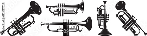 Trumpet Vector Set, Black and White Musical Instruments Illustration