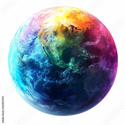 depicting a spherical form, reminiscent of a planet, against a pure white background. The sphere is filled with a vibrant and dynamic array of colors, creating a sense of swirling energy and movement.