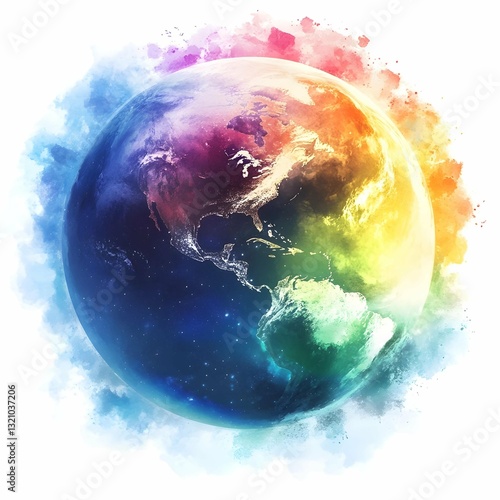 depicting a spherical form, reminiscent of a planet, against a pure white background. The sphere is filled with a vibrant and dynamic array of colors, creating a sense of swirling energy and movement.