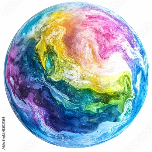 depicting a spherical form, reminiscent of a planet, against a pure white background. The sphere is filled with a vibrant and dynamic array of colors, creating a sense of swirling energy and movement.