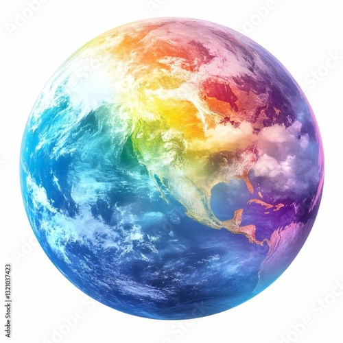 depicting a spherical form, reminiscent of a planet, against a pure white background. The sphere is filled with a vibrant and dynamic array of colors, creating a sense of swirling energy and movement.