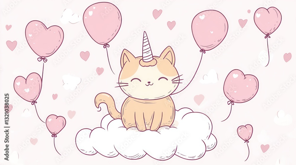 Cute unicorn cat floating on a cloud with pink balloons Cute unicorn cat floating on a cloud with pink balloons