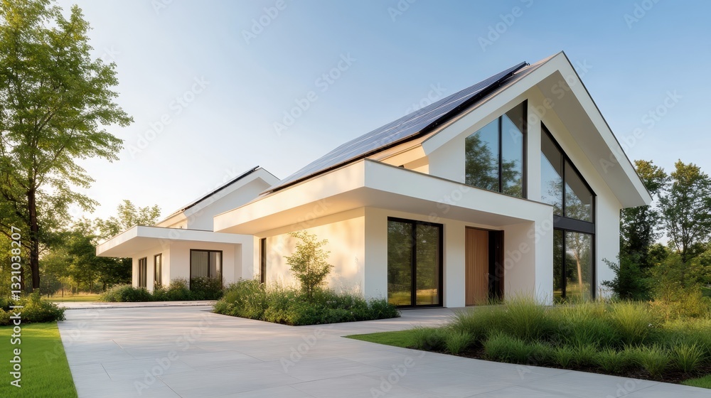 A stunning modern house featuring large windows and solar panels, set against a bright sky, highlighting sustainable living and innovative architectural design. A stunning modern house featuring large windows and solar panels, set against a bright sky, highlighting sustainable living and innovative architectural design.