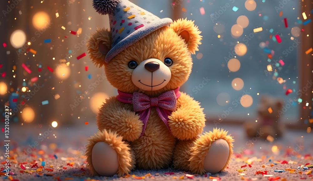 Teddy Bear and New Year’s Eve Confetti for a Fresh Start. The background features sparkling lights, creating a lively and celebratory atmosphere for the new year. Teddy Bear and New Year’s Eve Confetti for a Fresh Start. The background features sparkling lights, creating a lively and celebratory atmosphere for the new year.