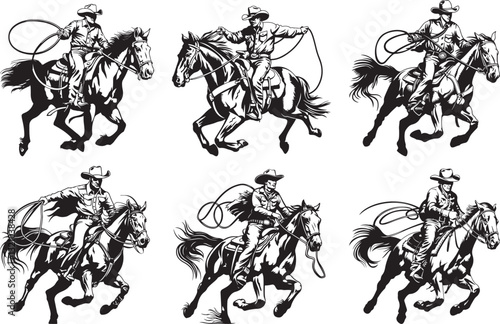 Cowboy Riding Horse Vector Illustration Set, Isolated on White Background