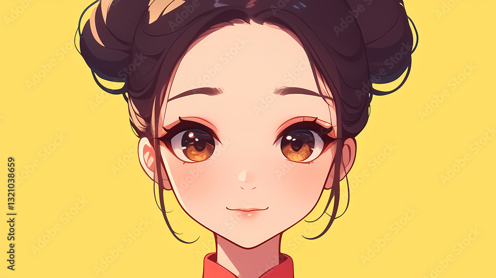 Portrait of a young woman with traditional hairstyle and warm brown eyes against a bright yellow background Portrait of a young woman with traditional hairstyle and warm brown eyes against a bright yellow background