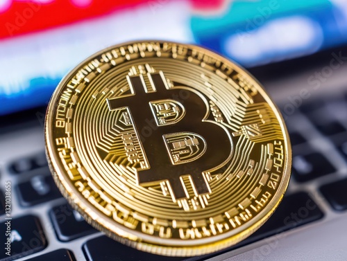 A bitcoin coin resting on a laptop keyboard symbolizing modern finance, technology, and digital currency