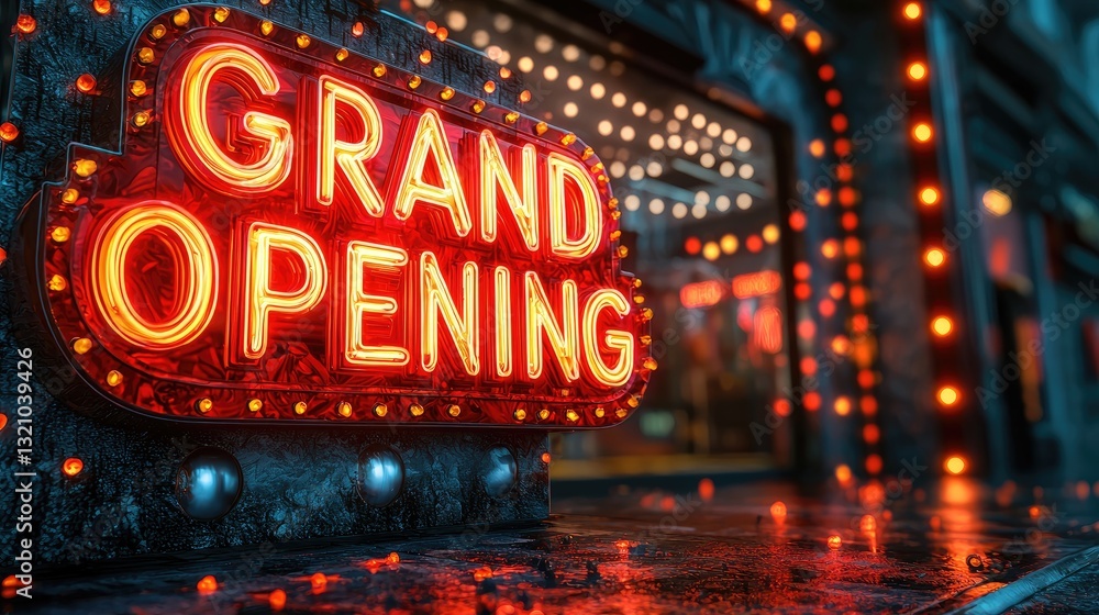 Grand Opening Neon Sign Illuminating Storefront With Festive City Lights Grand Opening Neon Sign Illuminating Storefront With Festive City Lights