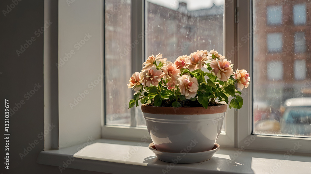 Fototapeta premium beautiful flowers on window sill in room, space for text