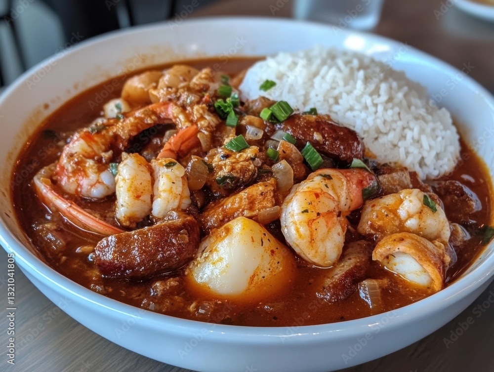 Spicy gumbo with a mix of seafood, sausage, and Cajun spices, served in a deep bowl with rice, showcasing the soulful flavors of New Orleans Spicy gumbo with a mix of seafood, sausage, and Cajun spices, served in a deep bowl with rice, showcasing the soulful flavors of New Orleans