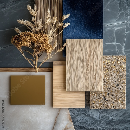 minimalist material board elegant and sophisticated featuring 5 swatches. Includes wood, blue velvet fabric, gold detail and a dried flower for an organic touch. Add a subtle gold metal accent